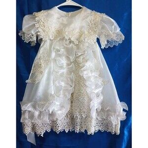 Vintage White Ruffled Lace Sequin 12-15 Mos Christening Dress Size 1 Flower Girl